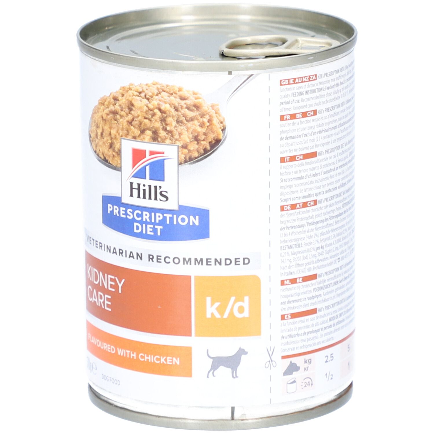 Hills Prescription Diet k/d Hundefutter mit Huhn. Dose mit Futter, geöffnet. Aufschrift: Kidney Care, Flavourd with Chicken.