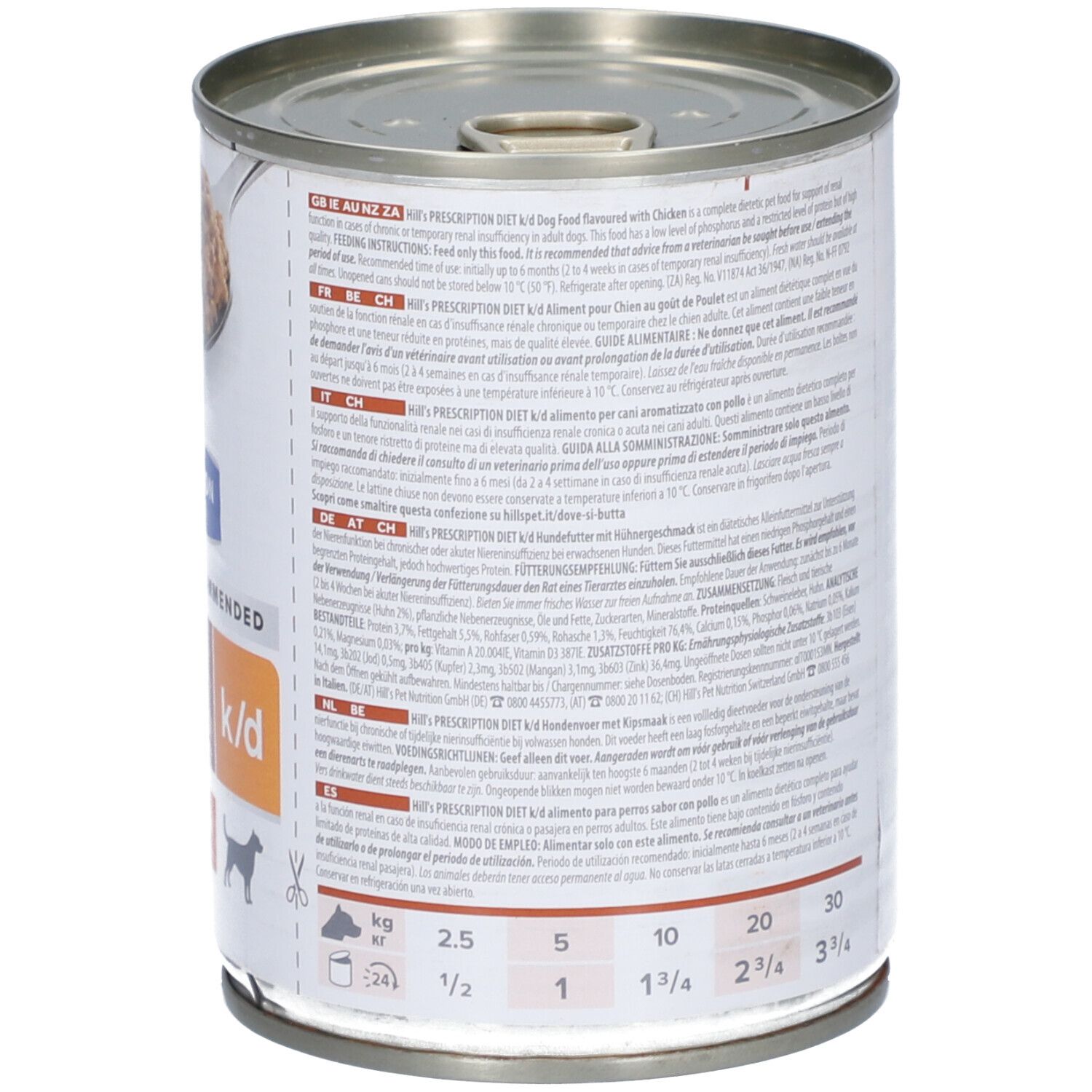 Rückseite der Dose Hills Prescription Diet k/d Hundefutter. Text in verschiedenen Sprachen. Maßtabelle.