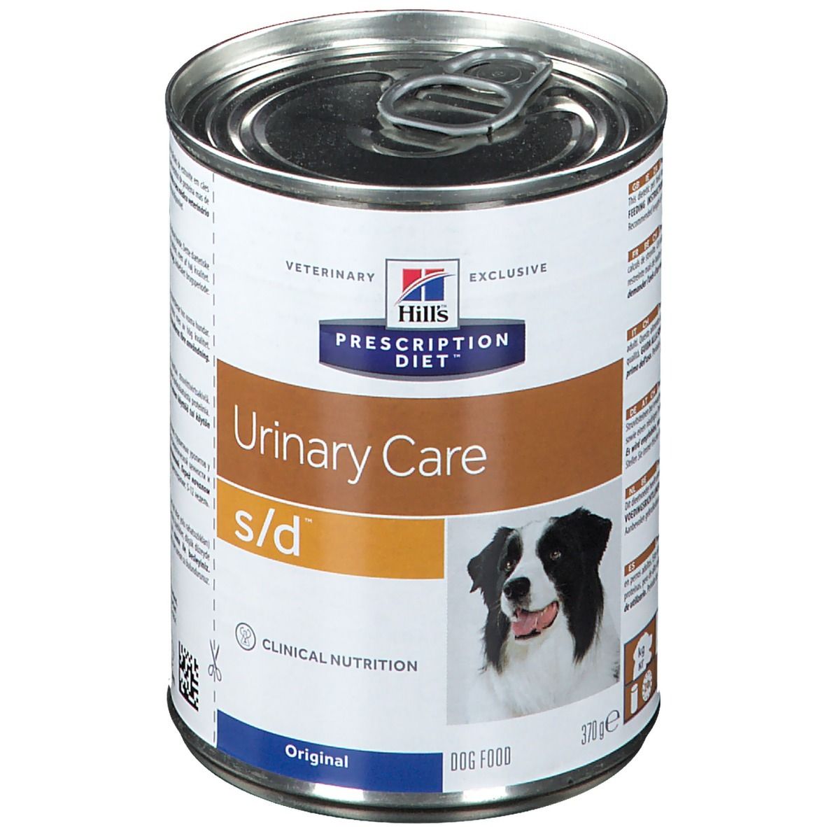 Hills Prescription Diet s/d Canine. Dose mit Aufreißlasche. Aufschrift: Urinary Care, s/d, Original, Dog Food. Abbildung eines Hundes.