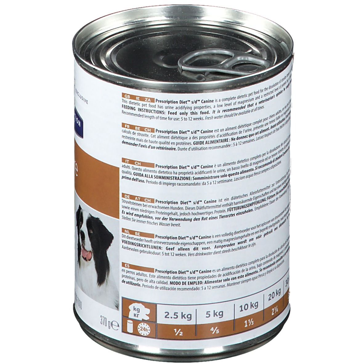 Hills Prescription Diet s/d Canine. Dose mit Text in mehreren Sprachen. Fütterungsempfehlung für Hunde. Mit Bild eines Hundes.