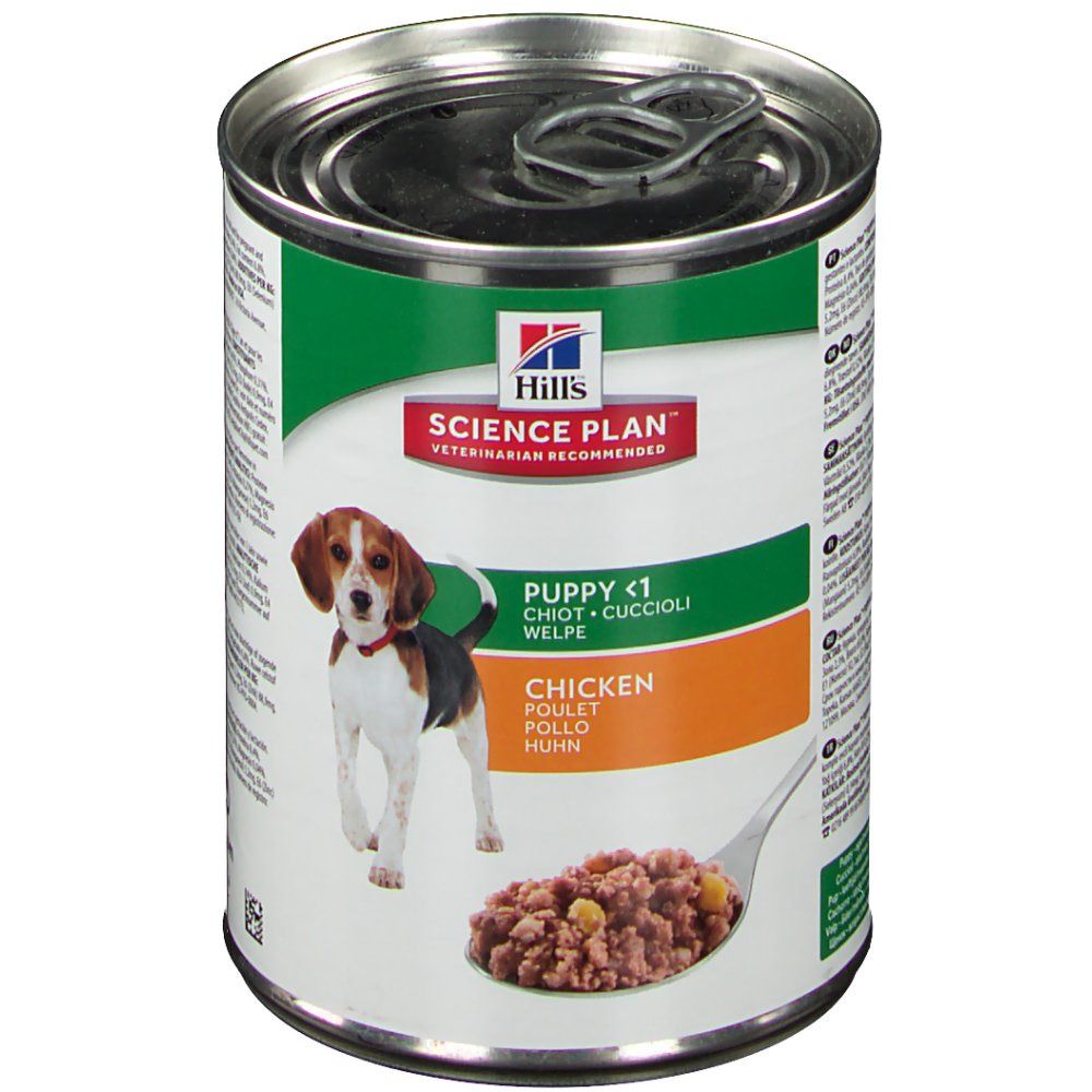 Boîte de nourriture pour chiens Hills Science Plan. Image d'un chiot et nourriture sur une cuillère. Texte: Puppy, Chicken.
