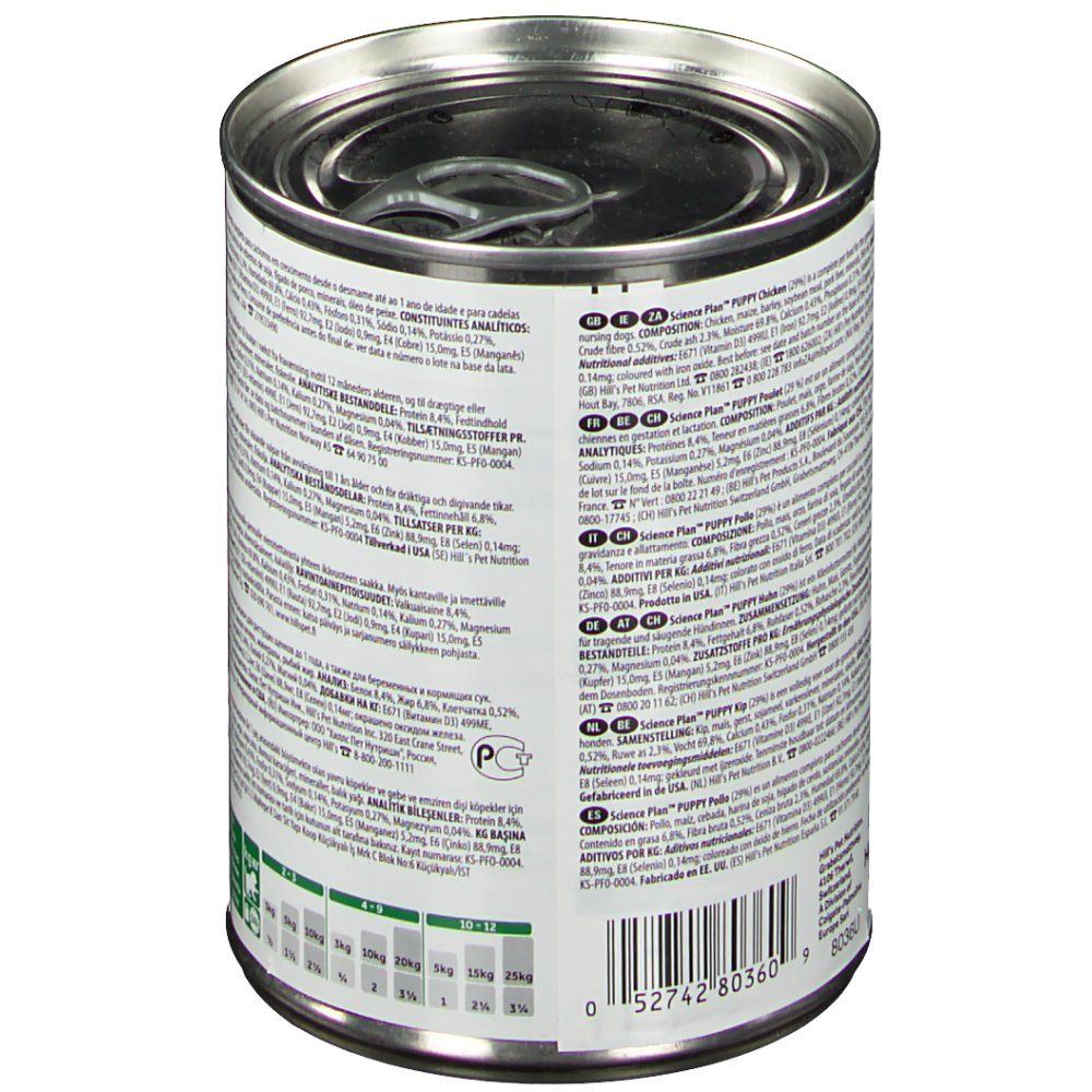 Boîte de nourriture pour chiens, dos avec texte. Ingrédients et informations nutritionnelles. Texte: Science Plan Puppy Chicken.