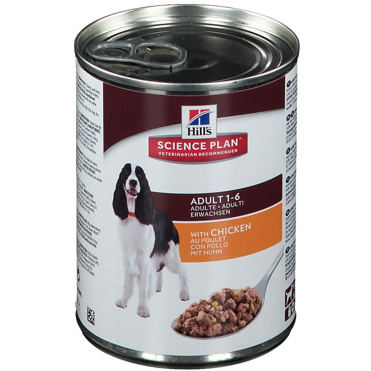 Boîte de nourriture pour chiens Hills Science Plan Adult 1-6, au poulet. Image d'un chien et nourriture sur une cuillère. Recommandé par les vétérinaires.