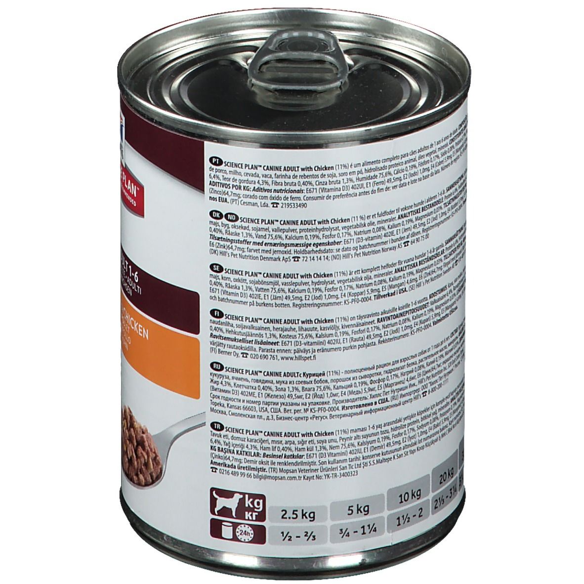 Boîte de nourriture pour chiens Hills Science Plan, dos avec informations nutritionnelles. Texte en plusieurs langues. Poids : 2,5 kg, 5 kg, 10 kg, 20 kg.