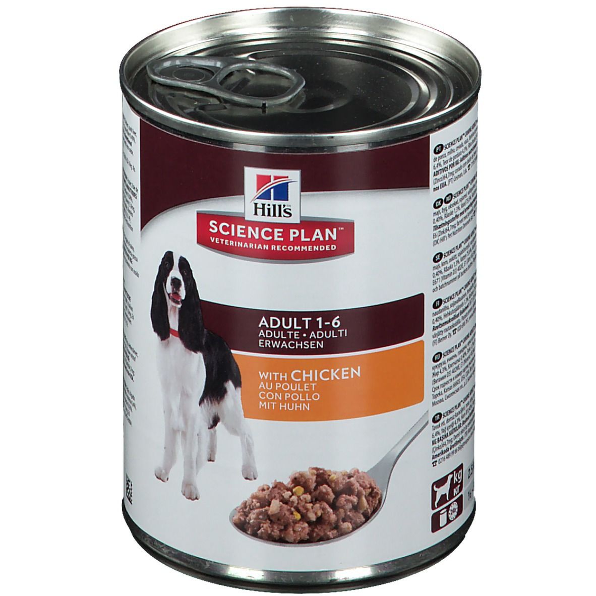 Boîte de nourriture pour chiens Hills Science Plan Adult 1-6, au poulet. Image d'un chien et nourriture sur une cuillère. Recommandé par les vétérinaires.