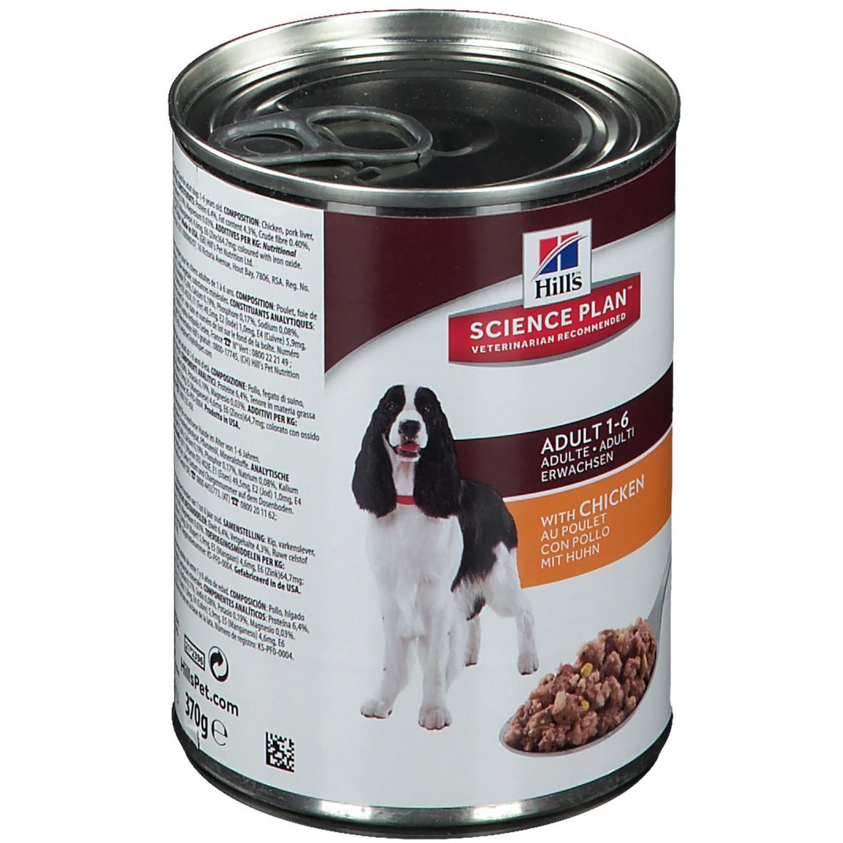 Boîte de nourriture pour chiens Hills Science Plan, Adult 1-6, au poulet. Image d'un chien et nourriture sur une cuillère. 370g.