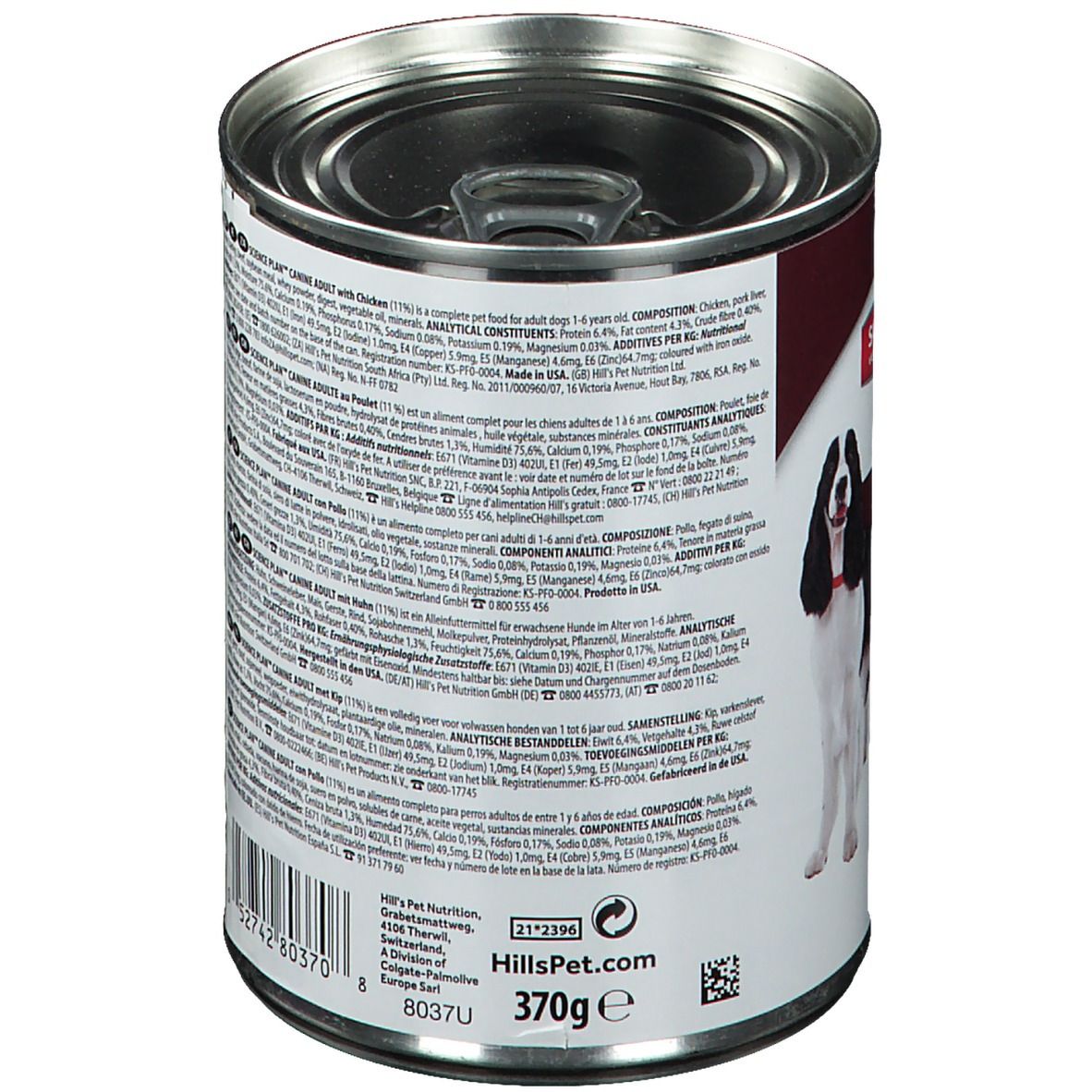 Boîte de nourriture pour chiens Hills Science Plan, dos avec informations nutritionnelles. Texte multilingue. 370g. Informations fabricant et code-barres.