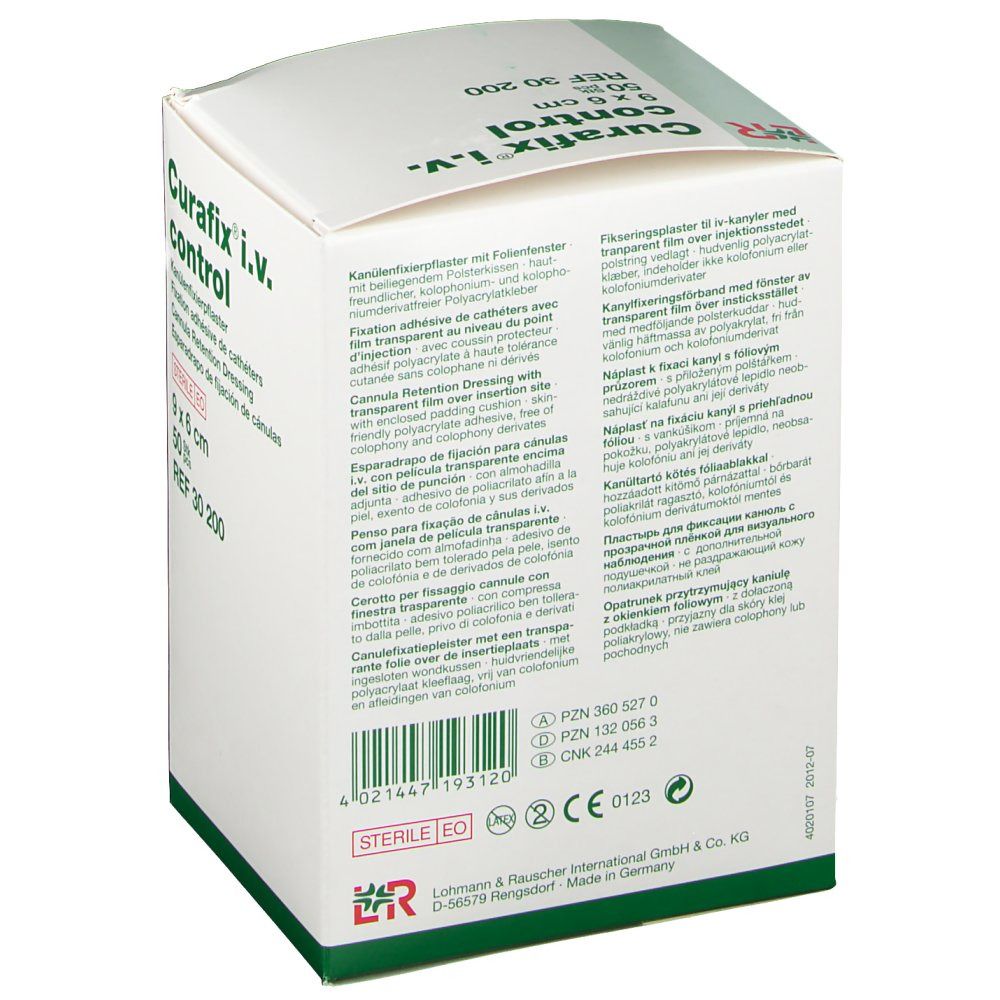 Rückseite der Verpackung von Curafix i.v. control. Informationen zu Kanülenfixierpflaster. Steril.