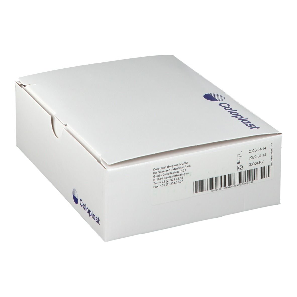 Weiße Coloplast-Box mit Barcode und Text. Logo und Produktinformationen.