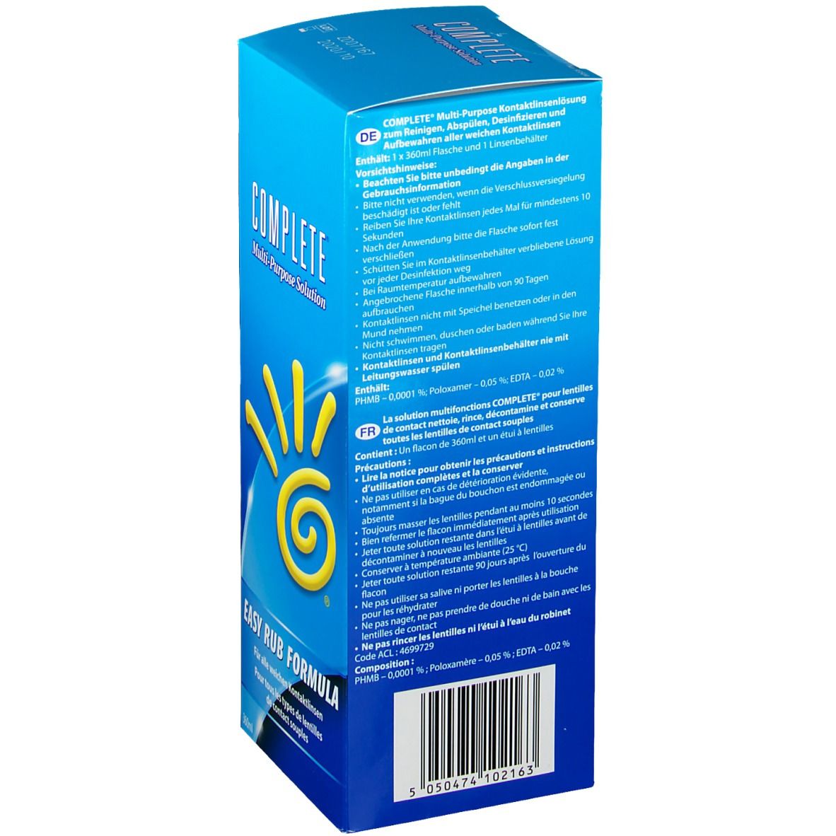 Rückseite der blauen Verpackung. Text in Deutsch und Französisch. Enthält Informationen zur Anwendung und Inhaltsstoffe.