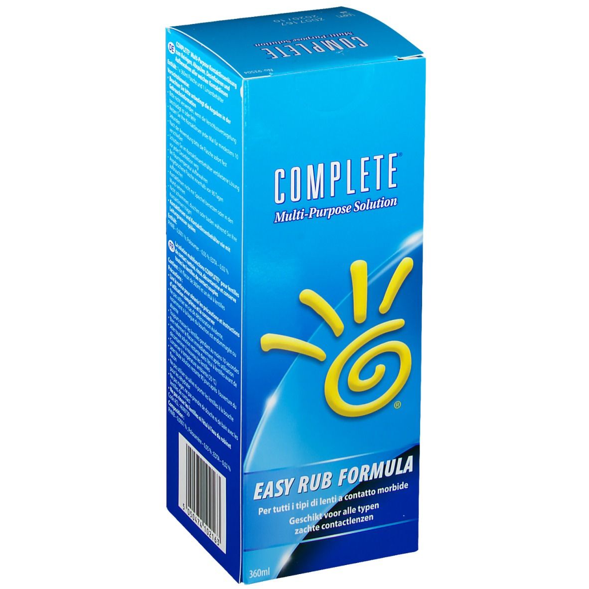 Rückseite der blauen Verpackung. Text in Deutsch, Französisch, Italienisch und Niederländisch. Informationen zur Anwendung.