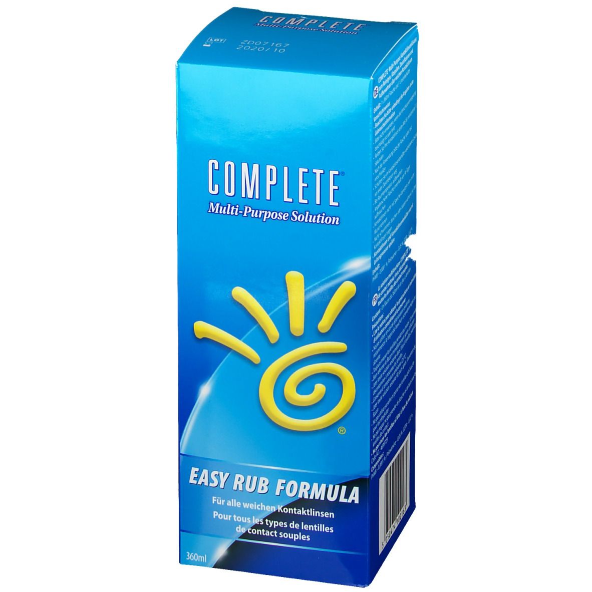 Blaue Verpackung mit "COMPLETE Multi-Purpose Solution". Gelbes Logo. "EASY RUB FORMULA" und Text für weiche Kontaktlinsen.
