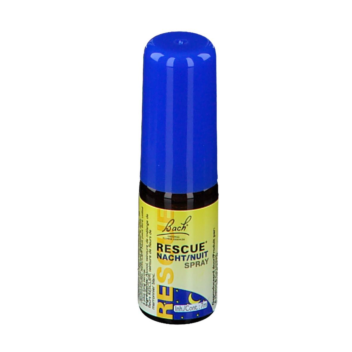 Petite bouteille avec bouchon bleu. Inscription: RESCUE NACHT/NUIT SPRAY. Étiquette jaune et blanche avec logo.