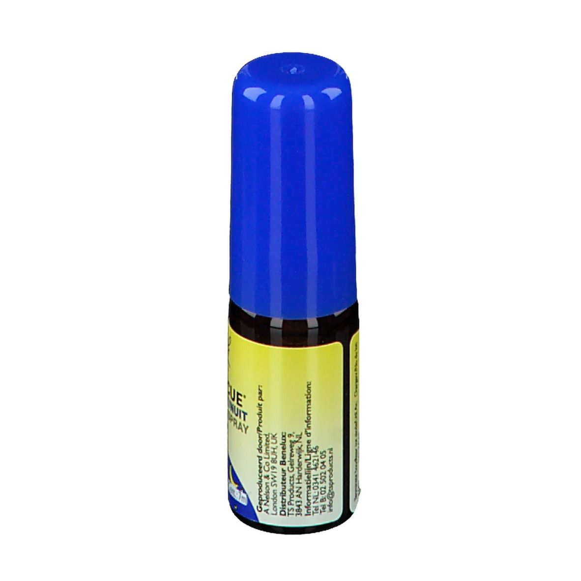 Petite bouteille avec bouchon bleu. Étiquette jaune et blanche avec texte et logo. Informations produit.