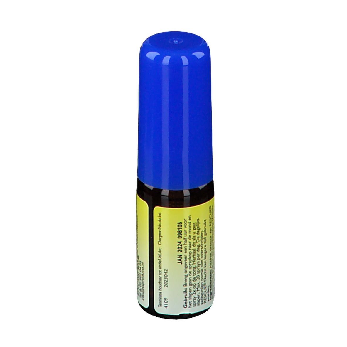 Petite bouteille avec bouchon bleu. Étiquette jaune et blanche avec texte et logo. Informations d'utilisation.