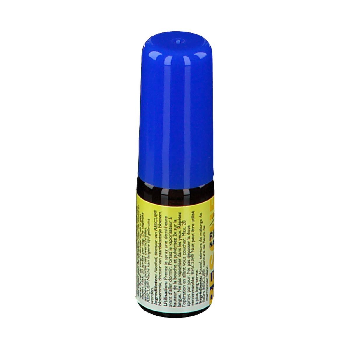 Petite bouteille avec bouchon bleu. Étiquette jaune et blanche avec texte et logo. Ingrédients et utilisation.