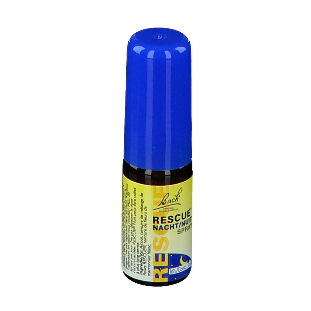 Petite bouteille avec bouchon bleu. Étiquette jaune et blanche avec texte et logo. Nom du produit: RESCUE NACHT/NUIT SPRAY.