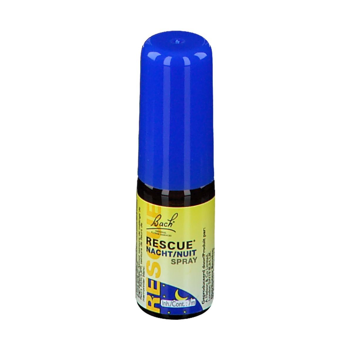 Petite bouteille avec bouchon bleu. Étiquette jaune et blanche avec texte et logo. Nom du produit: RESCUE NACHT/NUIT SPRAY.