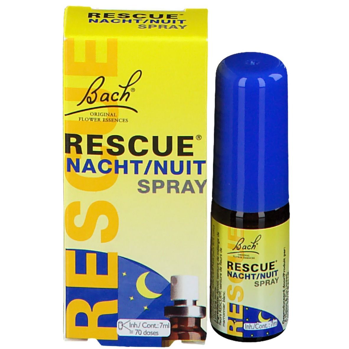 Boîte jaune et flacon avec bouchon bleu. Inscription: RESCUE NACHT/NUIT SPRAY. Logo et nom du produit.