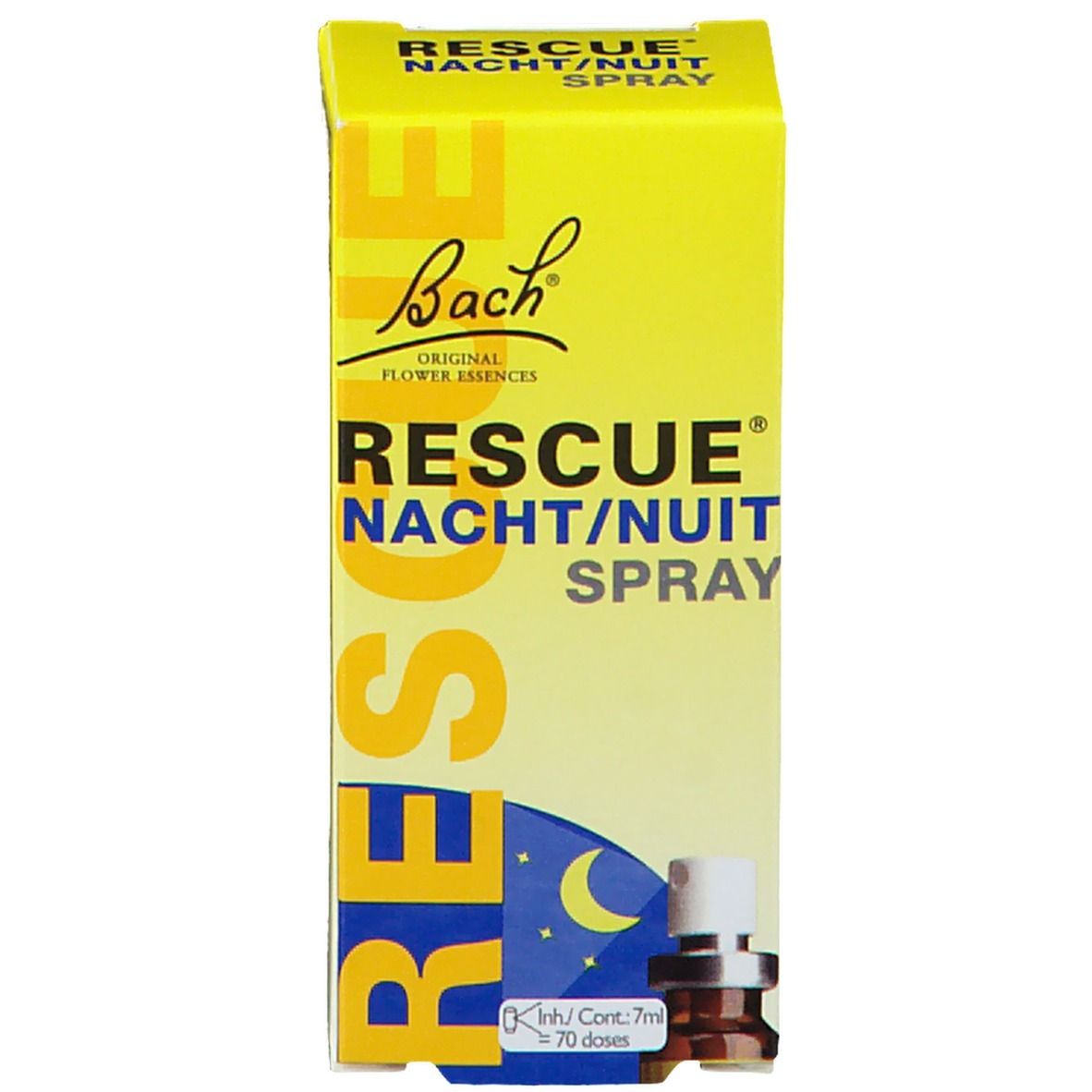 Boîte jaune avec informations produit. Inscription: RESCUE NACHT/NUIT SPRAY. Logo et nom du produit.