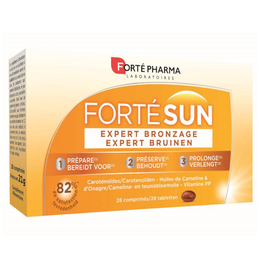 Boîte de Forté Sun Expert Bronzage. Contient 28 comprimés. Design orange avec nom du produit et logo.