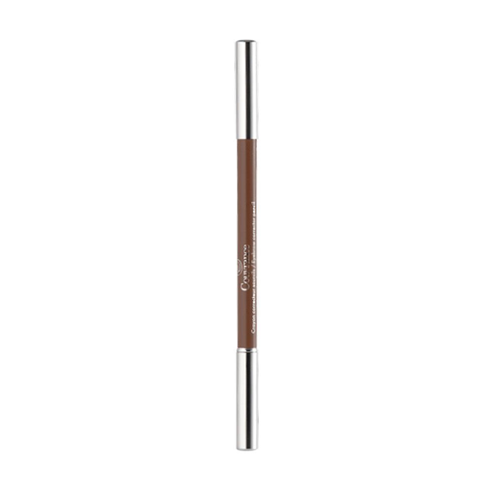 Crayon à sourcils double avec extrémités argentées. Mine marron. Inscription Couvrance.