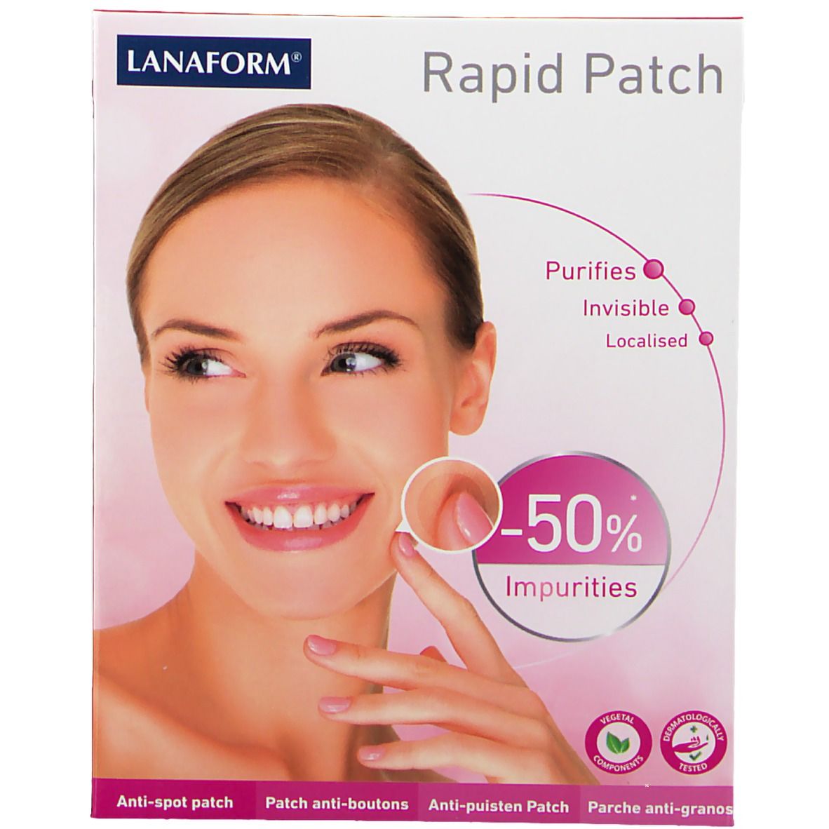 Emballage de Rapid Patch. Inscription : -50% d'impuretés. Logos : Vegetal Components, Testé dermatologiquement.