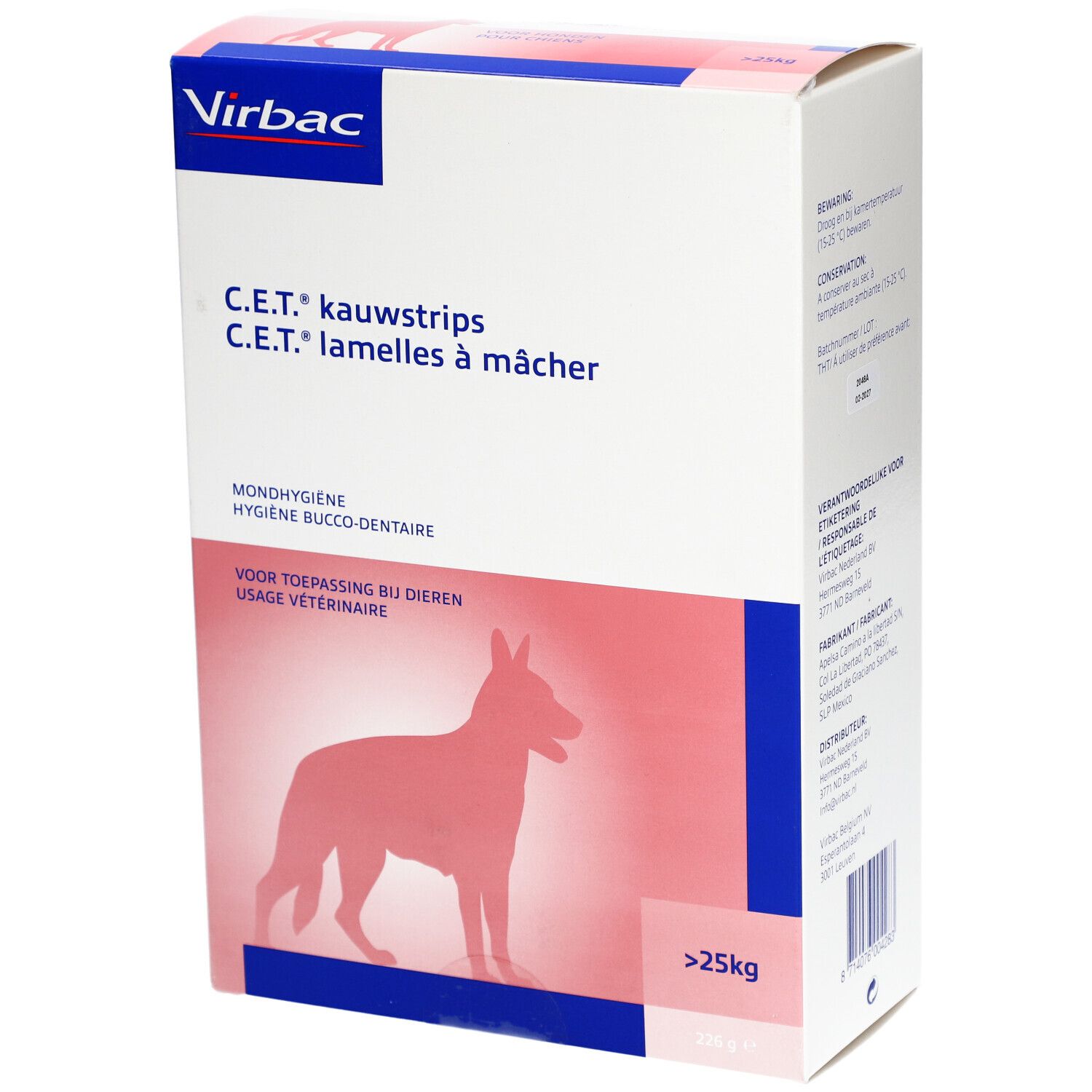 Boîte avec nom du produit et logo. Silhouette de chien. Texte : >25kg.