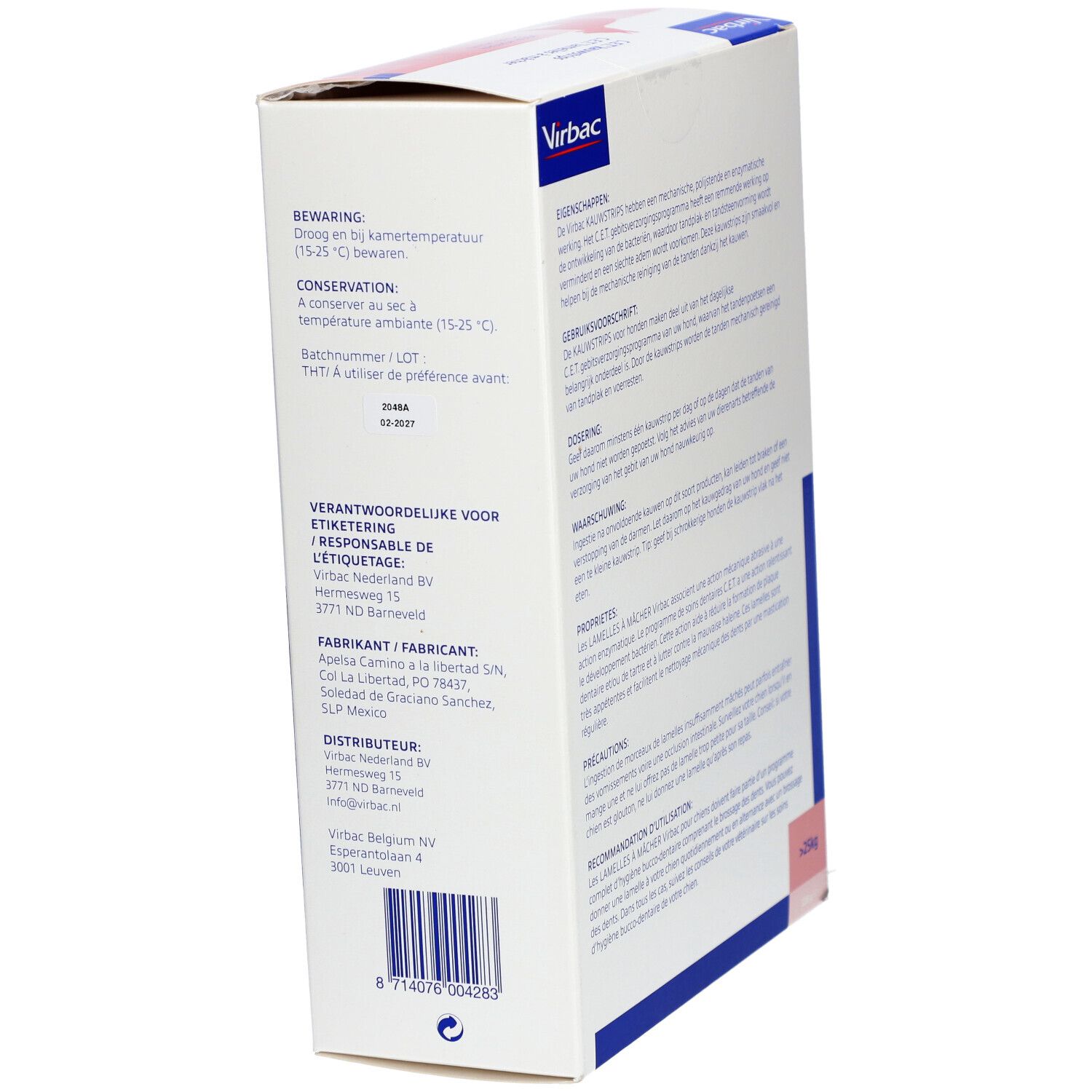 Boîte avec nom du produit et logo. Informations de stockage, numéro de lot et fabricant.