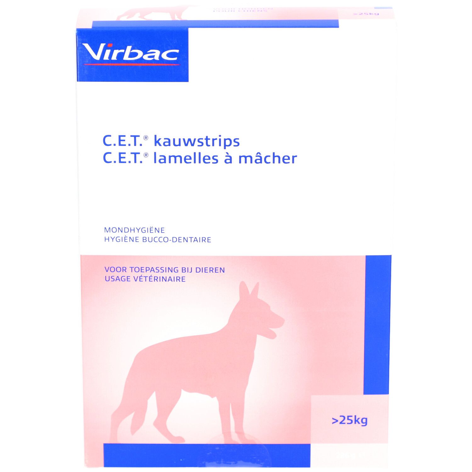 Boîte avec nom du produit et logo. Silhouette de chien. Texte : >25kg.