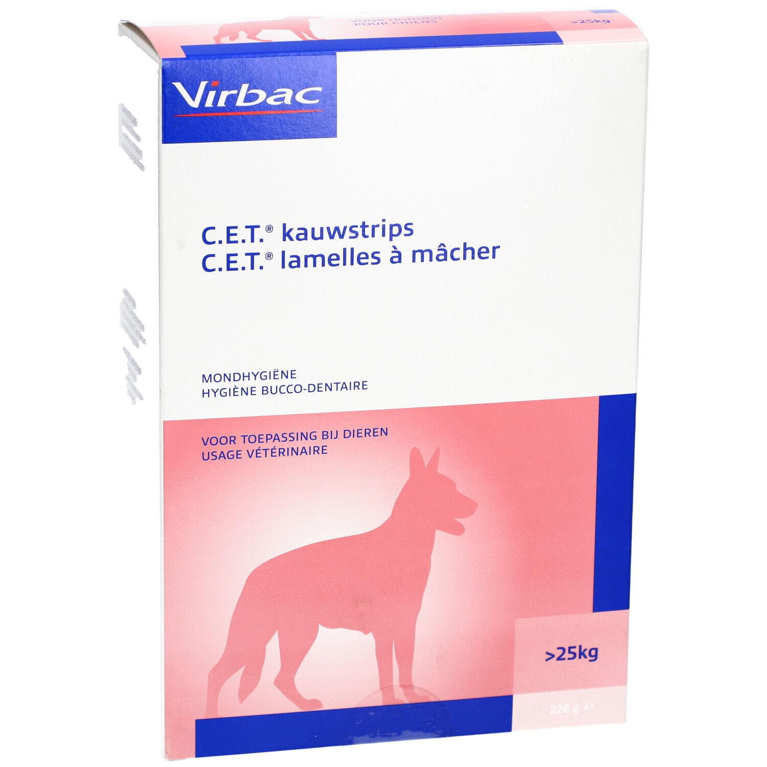 Boîte avec nom du produit et logo. Silhouette de chien. Texte : >25kg.