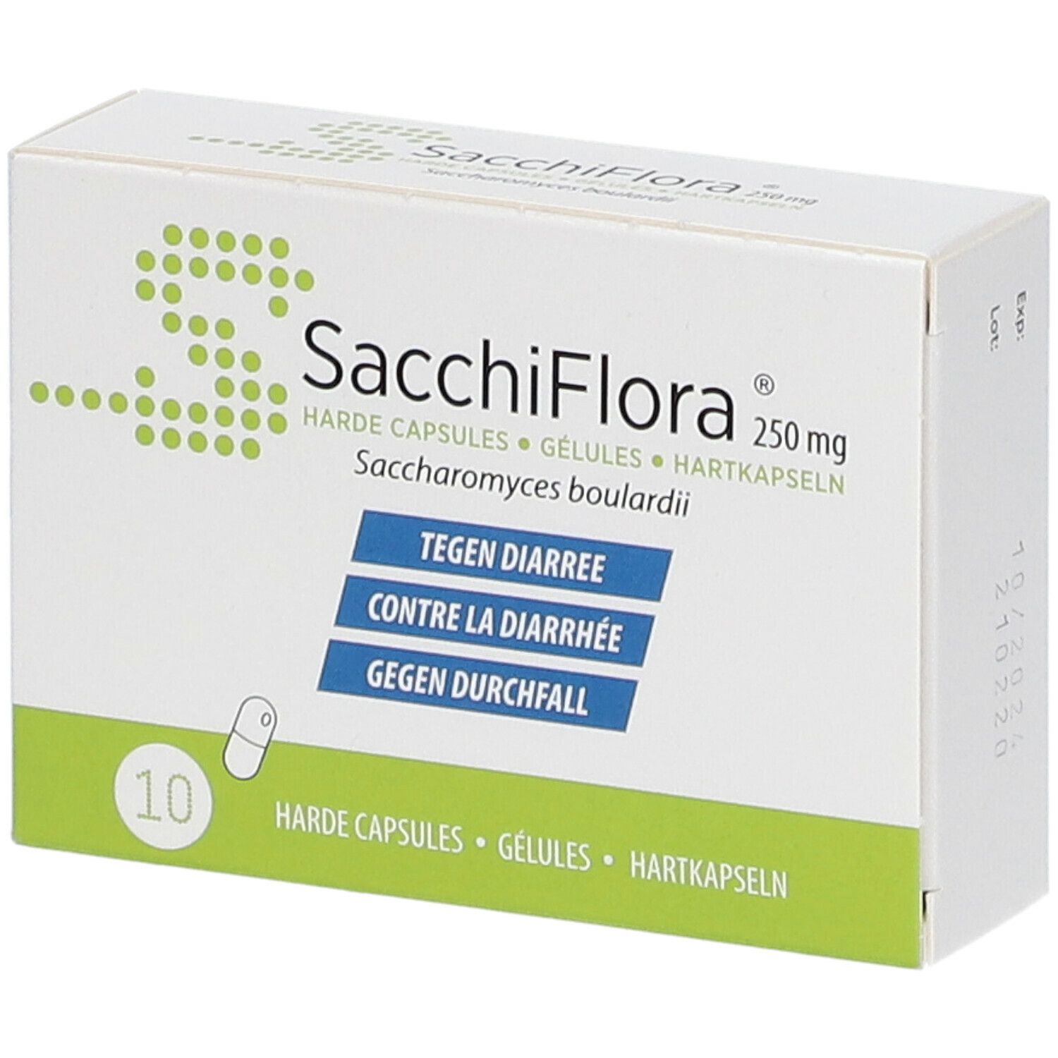 Boîte blanche Sacchiflora 250 mg. Inscriptions : Tegen Diarree, Contre la Diarrhée, Gegen Durchfall. Contient 10 gélules.