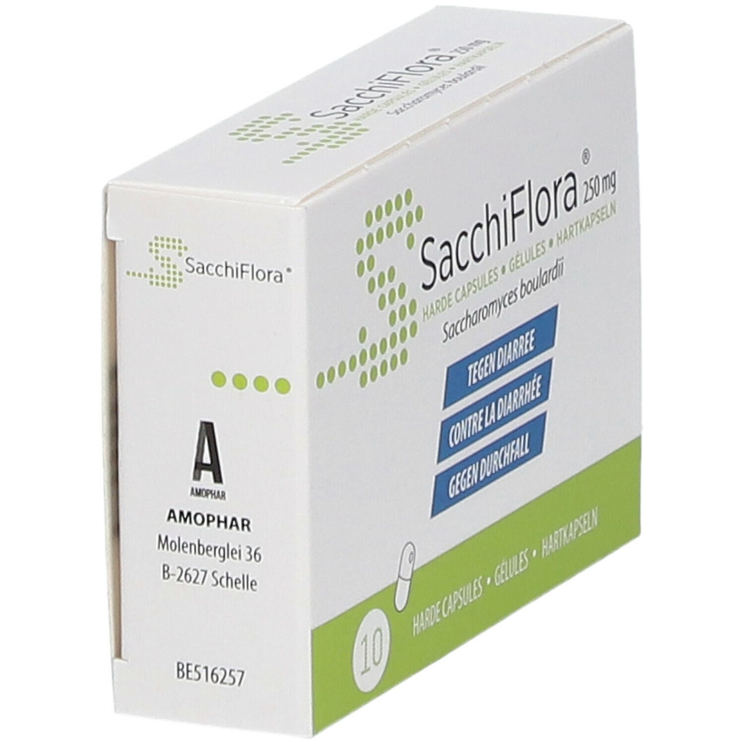 Boîte Sacchiflora 250 mg. Inscriptions : Tegen Diarree, Contre la Diarrhée, Gegen Durchfall. 10 gélules. Adresse du fabricant.