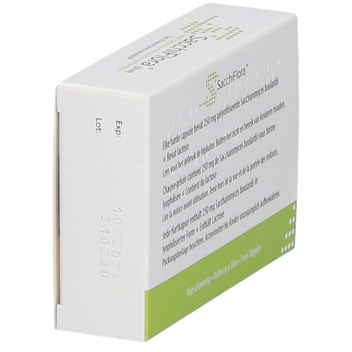 Vue latérale de la boîte Sacchiflora 250 mg. Texte : date de péremption, numéro de lot.