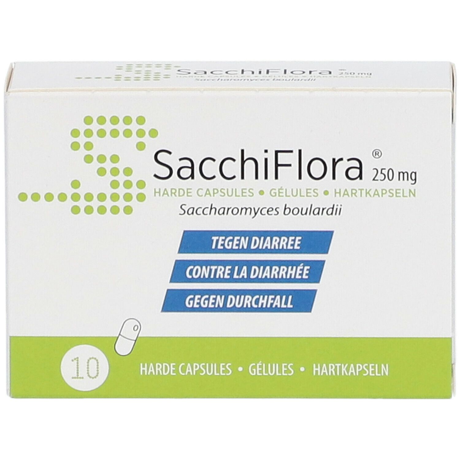 Boîte blanche Sacchiflora 250 mg. Inscriptions : Tegen Diarree, Contre la Diarrhée, Gegen Durchfall. Contient 10 gélules.