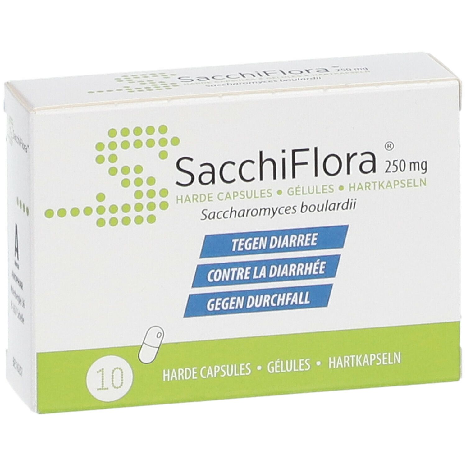Boîte blanche Sacchiflora 250 mg. Inscriptions : Tegen Diarree, Contre la Diarrhée, Gegen Durchfall. Contient 10 gélules.