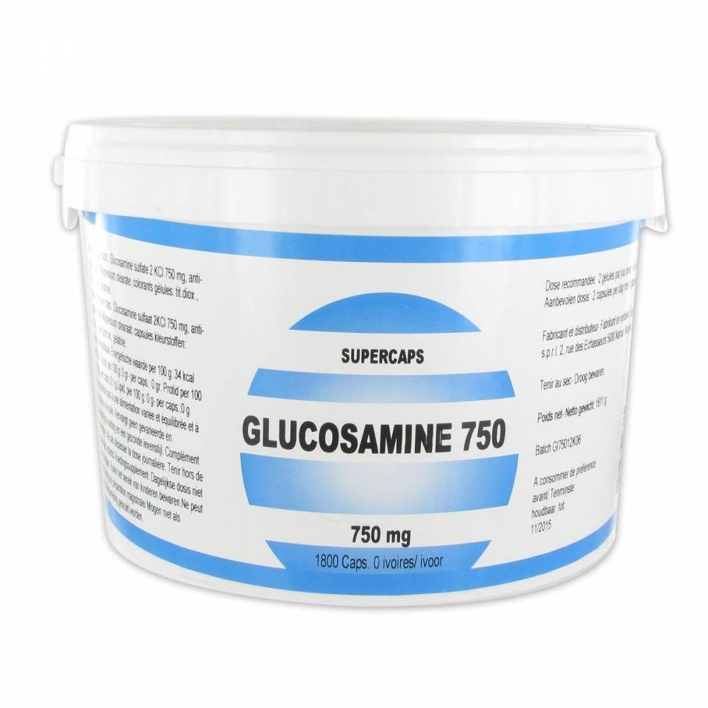 Weißer Eimer mit blauem Streifen. Aufschrift: Glucosamin 750, 1800 Kapseln. SUPERPHAR Logo.