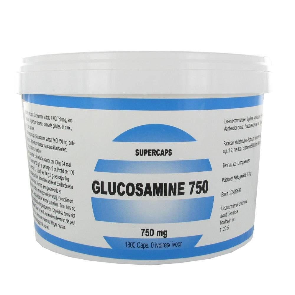 Weißer Eimer mit blauem Streifen. Aufschrift: Glucosamin 750, 1800 Kapseln. SUPERPHAR Logo.