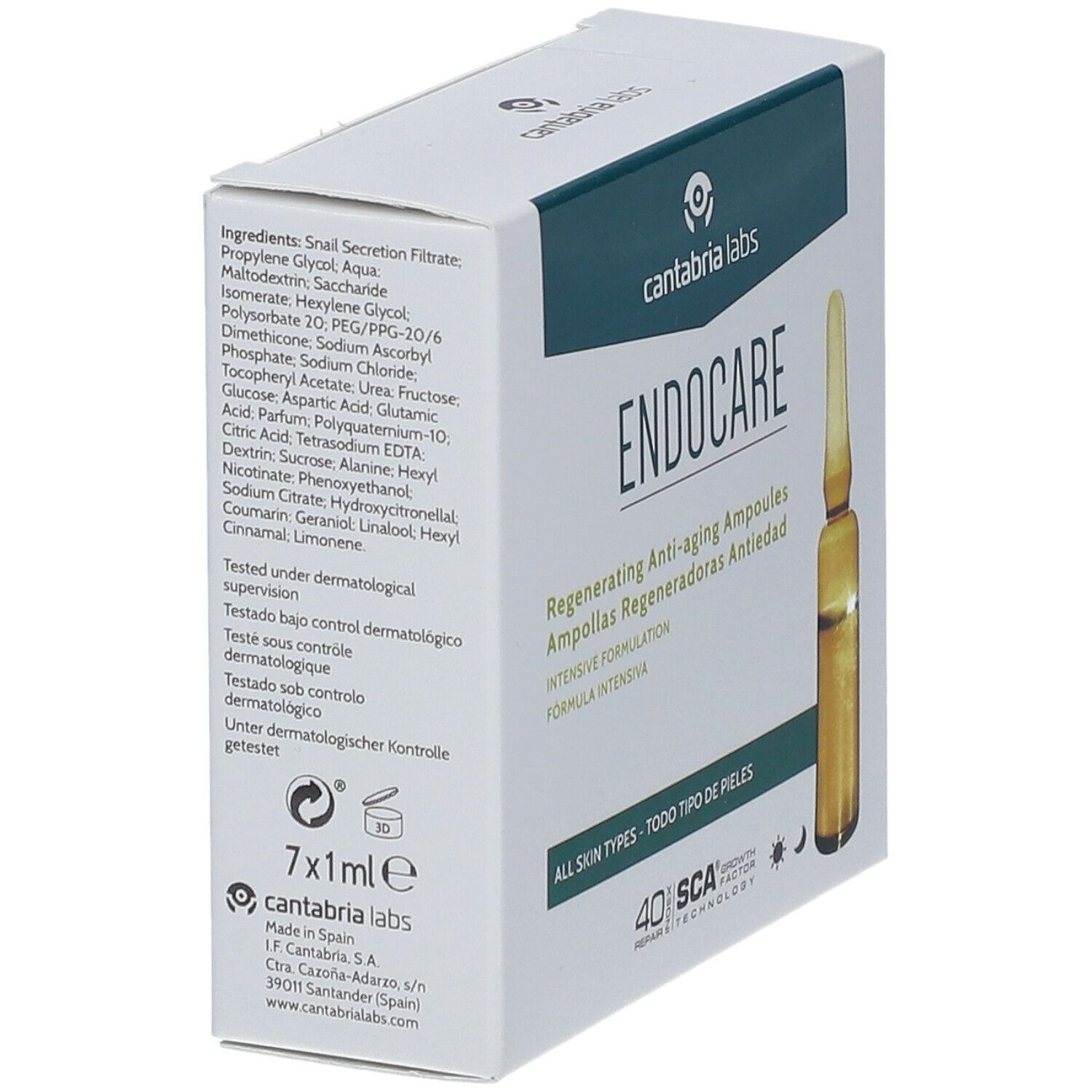 Weiße Schachtel mit "cantabria labs" und "ENDOCARE" Schriftzug. Enthält Ampulle. Rückseite mit Inhaltsstoffen und Text.