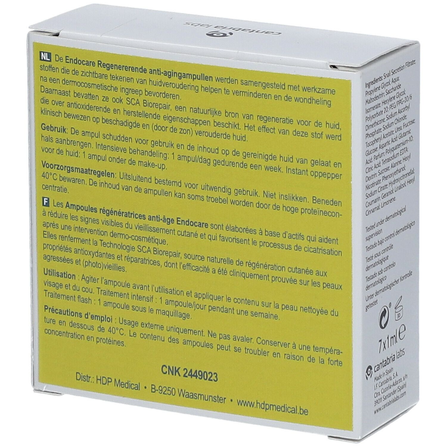 Rückseite der Schachtel mit Text in Deutsch, Inhaltsstoffen und Logo. Enthält 7x1ml Ampullen.