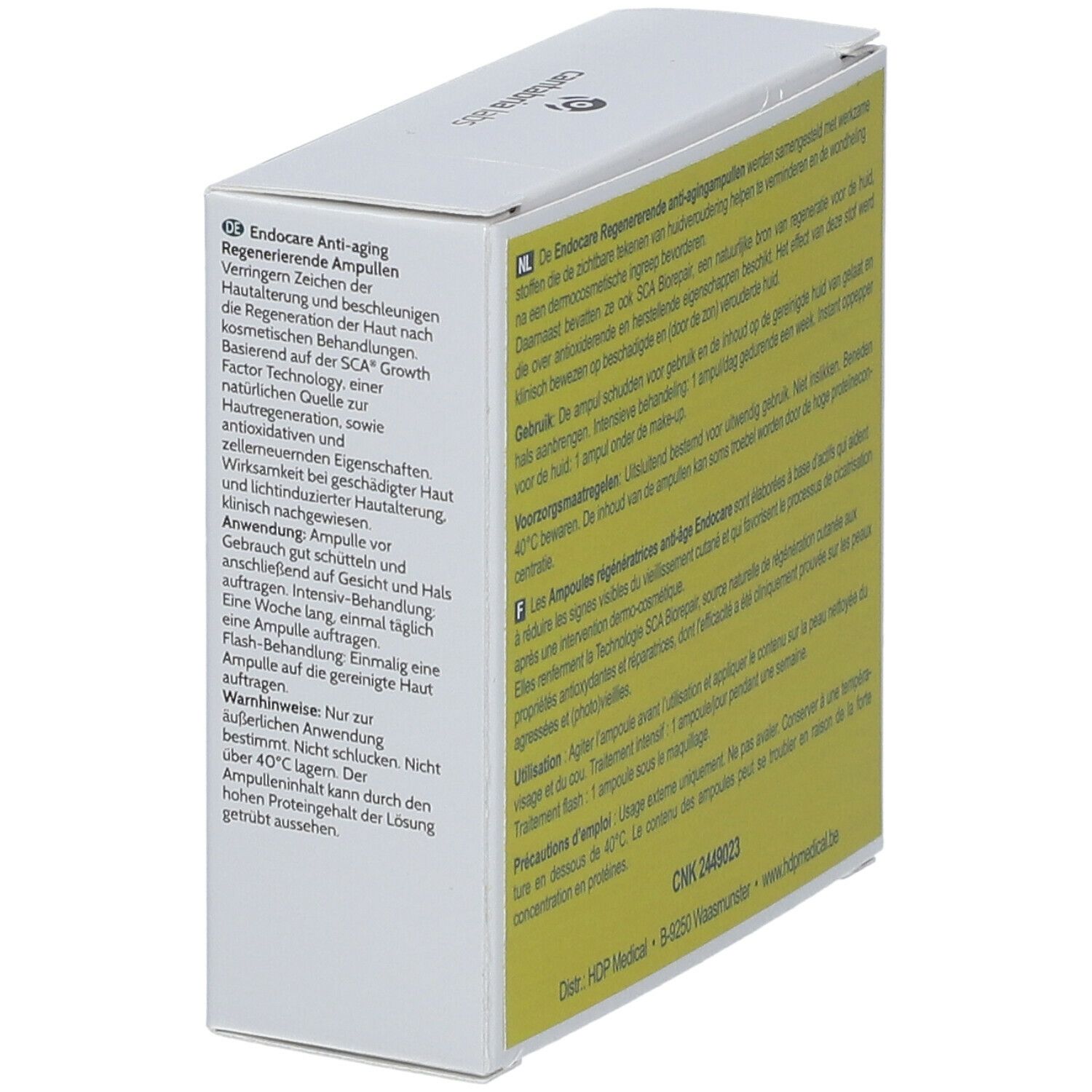 Rückseite der Schachtel mit Text in Deutsch und Logo. Enthält 7x1ml Ampullen.