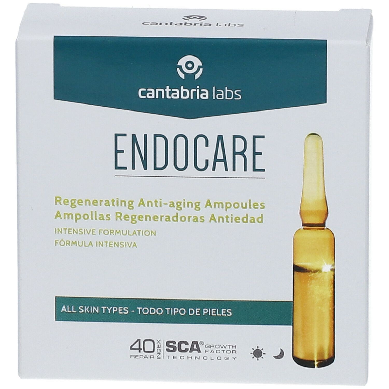 Weiße Schachtel mit "cantabria labs" und "ENDOCARE" Schriftzug. Enthält Ampulle. Text: Regenerierende Anti-Aging Ampullen.