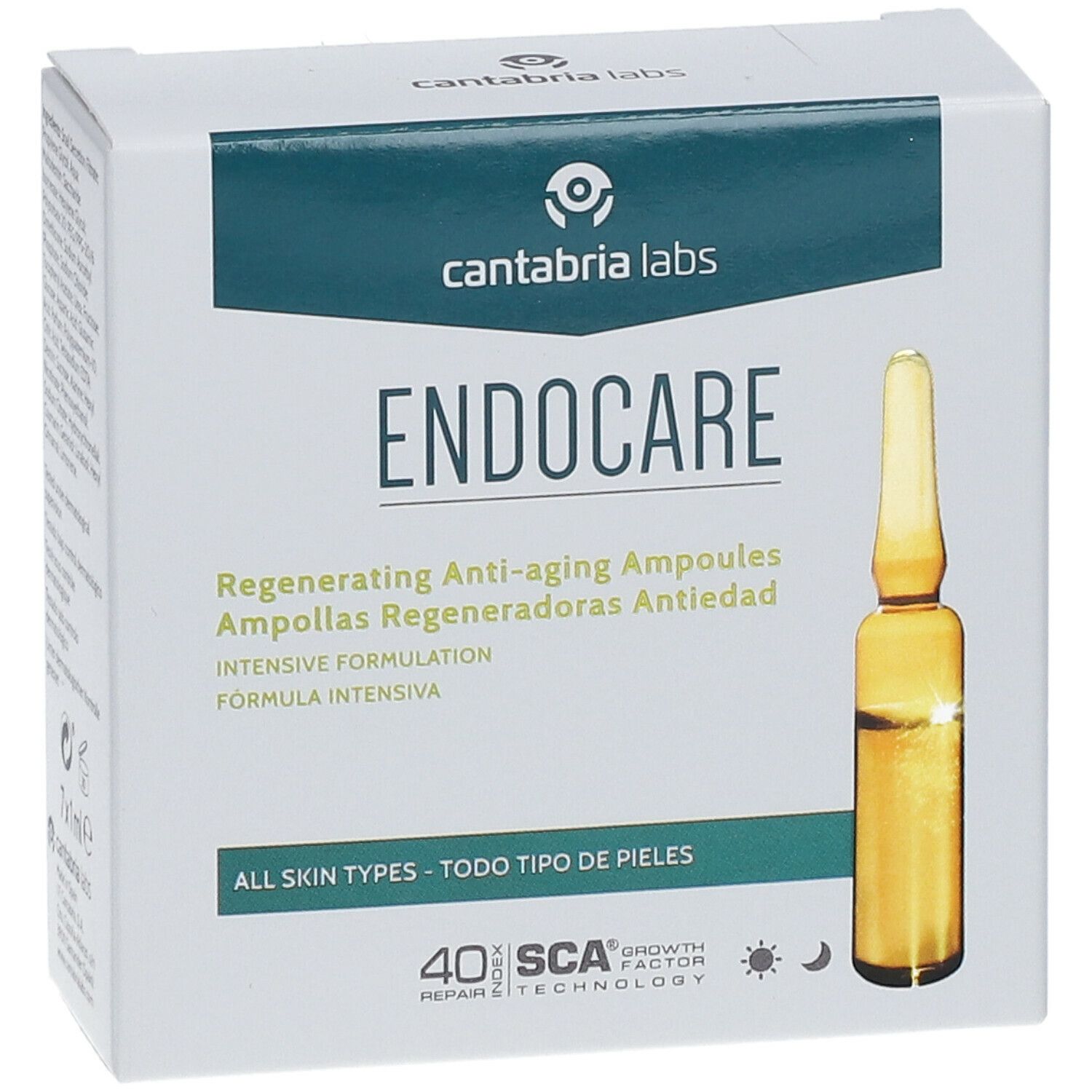 Weiße Schachtel mit "cantabria labs" und "ENDOCARE" Schriftzug. Enthält Ampulle. Text: Regenerierende Anti-Aging Ampullen.