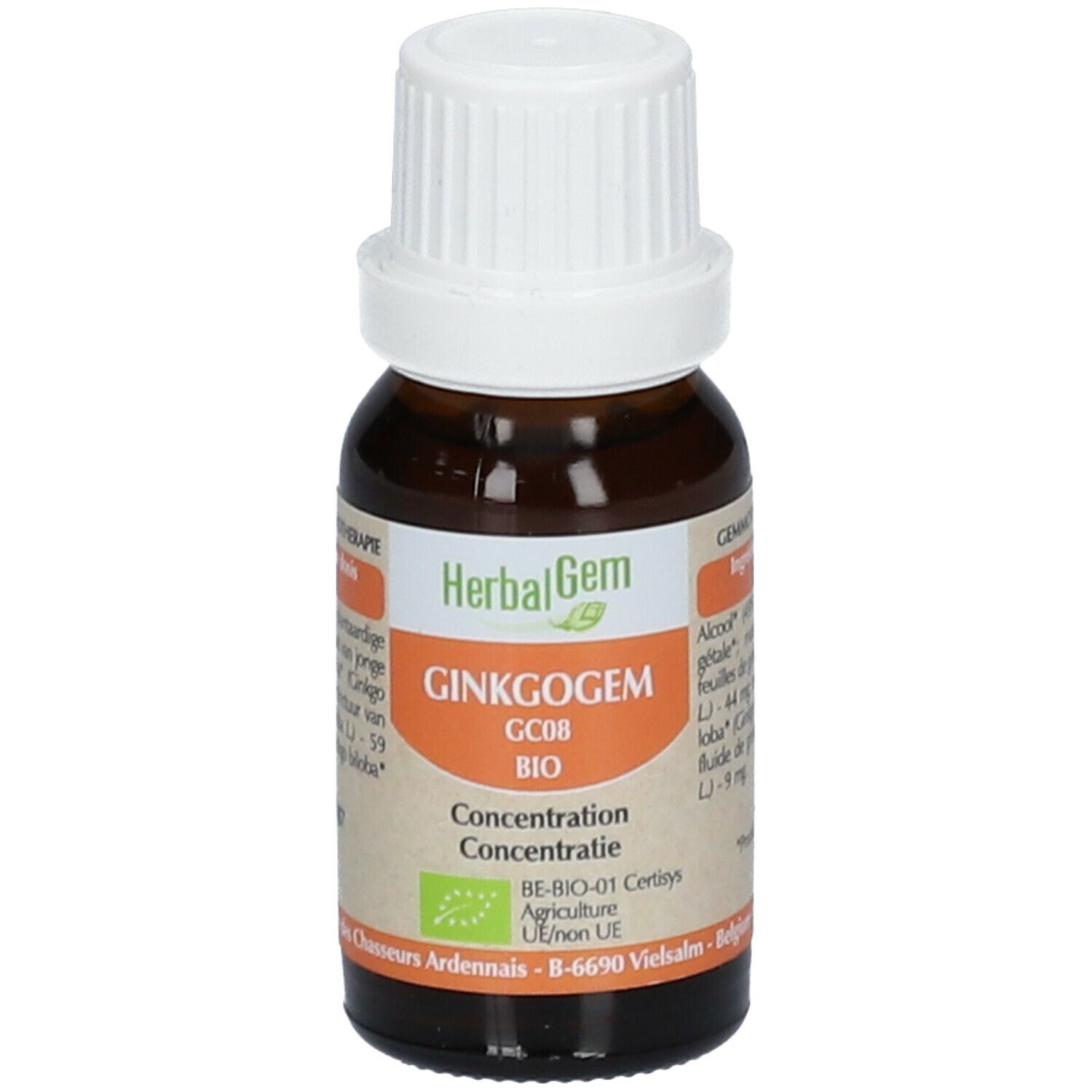 Flacon en verre brun avec bouchon blanc. Étiquette "HerbalGem GINKGOGEM Bio".