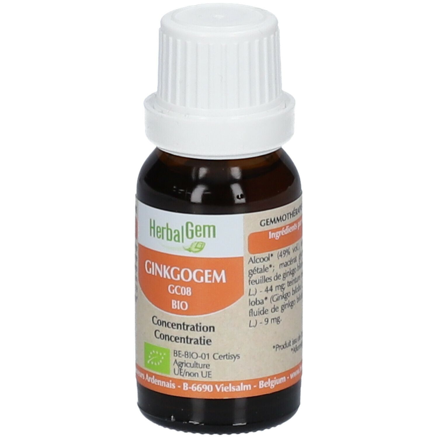 Flacon en verre brun avec bouchon blanc. Étiquette "HerbalGem GINKGOGEM Bio".