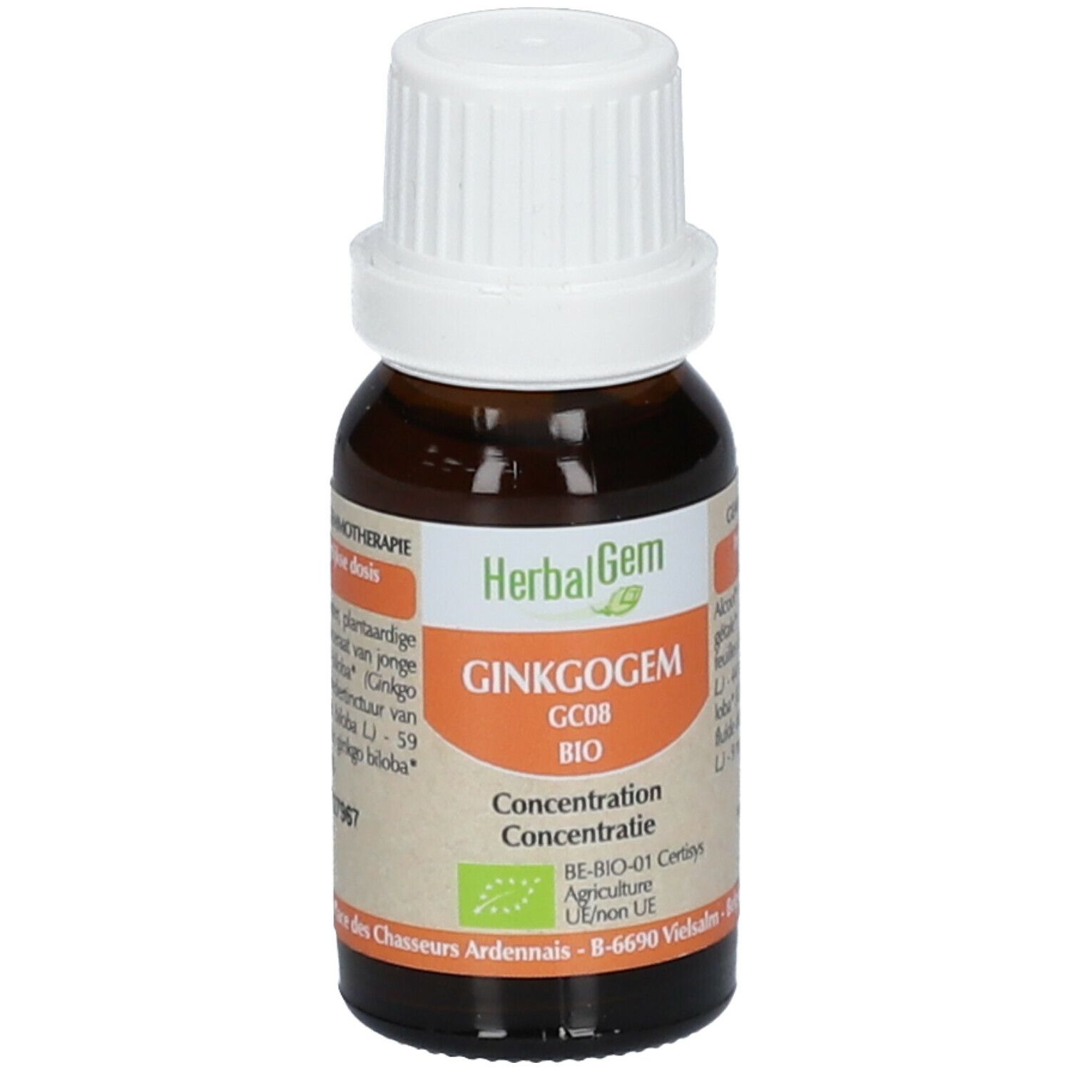 Flacon en verre brun avec bouchon blanc. Étiquette "HerbalGem GINKGOGEM Bio".