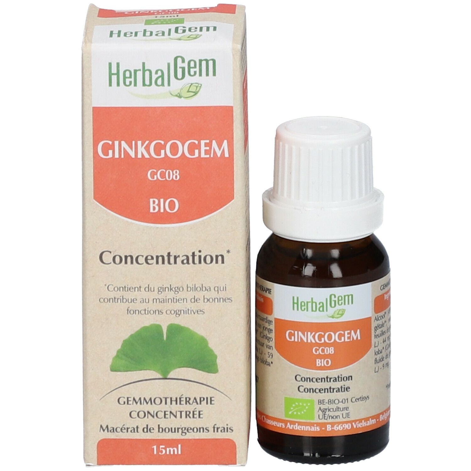 Flacon et boîte. Sur la boîte: "HerbalGem GINKGOGEM Bio".
