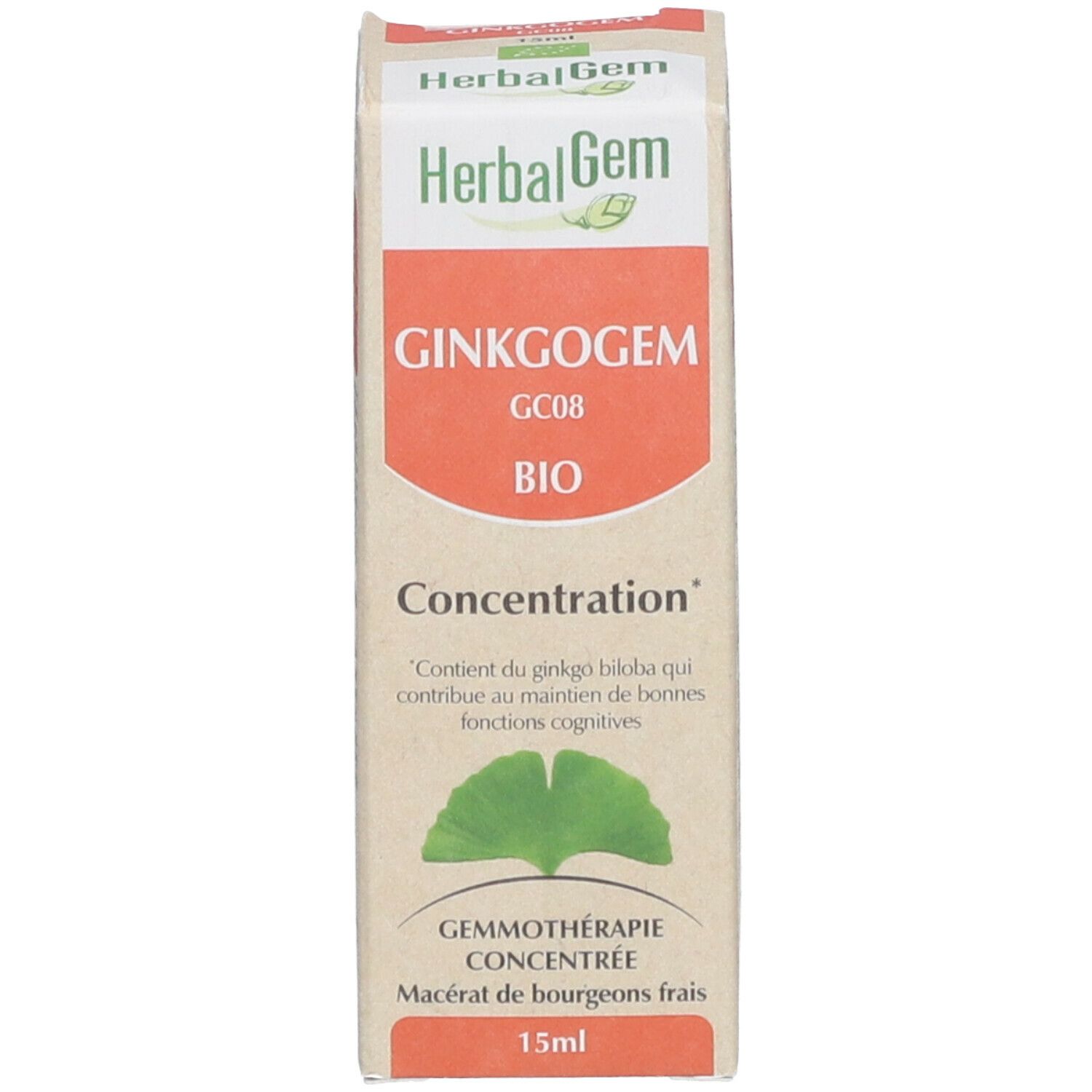 Emballage du produit. Sur la boîte: "HerbalGem GINKGOGEM Bio".