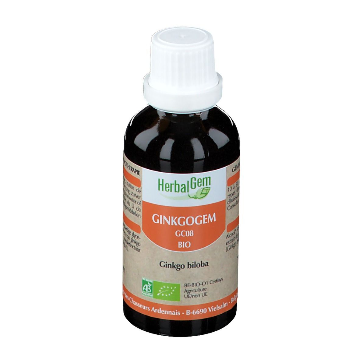 Flacon en verre brun avec bouchon blanc. Étiquette "HerbalGem GINKGOGEM BIO".