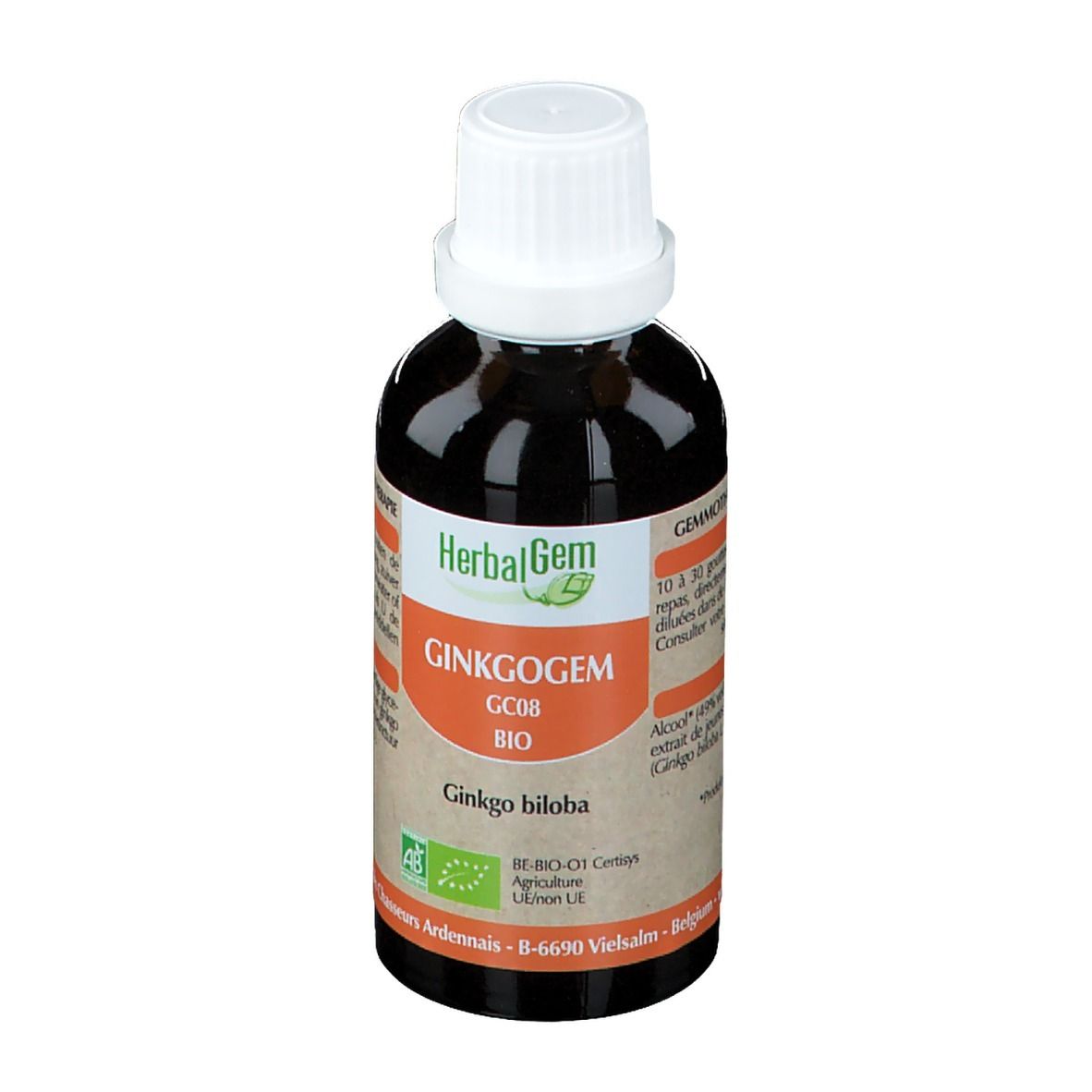 Flacon en verre brun avec bouchon blanc. Étiquette "HerbalGem GINKGOGEM BIO".